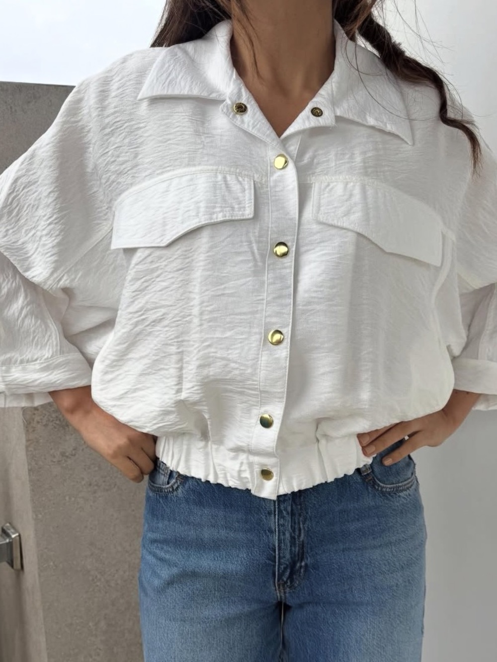 Zara White Utility Bomber Jacket with Gold Buttons